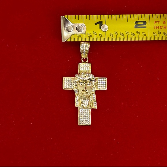 925 Sterling Silver Gold Plated Jesus Piece Cross Pendant Iced CZ 12g Charm - Picture 9 of 9